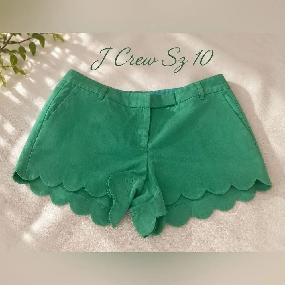 J Crew Sz 10 Linen Cotton Green Scalloped Shorts